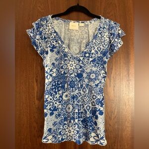 Anthropologie Maeve Floral Blue and White Patterned Blouse